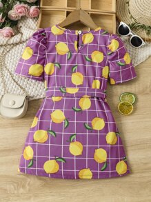 小女童格紋和檸檬圖案泡泡袖洋裝