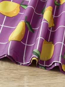 小女童格紋和檸檬圖案泡泡袖洋裝