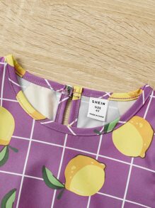 小女童格紋和檸檬圖案泡泡袖洋裝