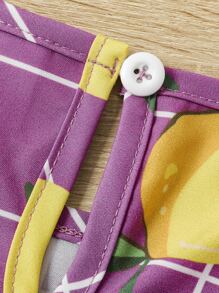 小女童格紋和檸檬圖案泡泡袖洋裝