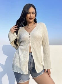 SHEIN EZwear Plus Flounce Sleeve Button Front Tee - Beige - View 2