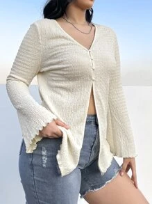 SHEIN EZwear Plus Flounce Sleeve Button Front Tee - Beige - View 1