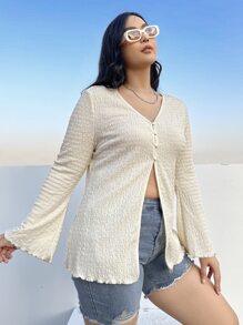 SHEIN EZwear Plus Flounce Sleeve Button Front Tee - Beige - View 6