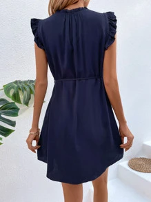SHEIN Clasi Frill Trim Belted Tunic Dress - Navy Blue - View 2