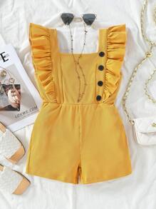 Toddler Girls Ruffle Trim Button Front Romper - Mustard Yellow - View 1