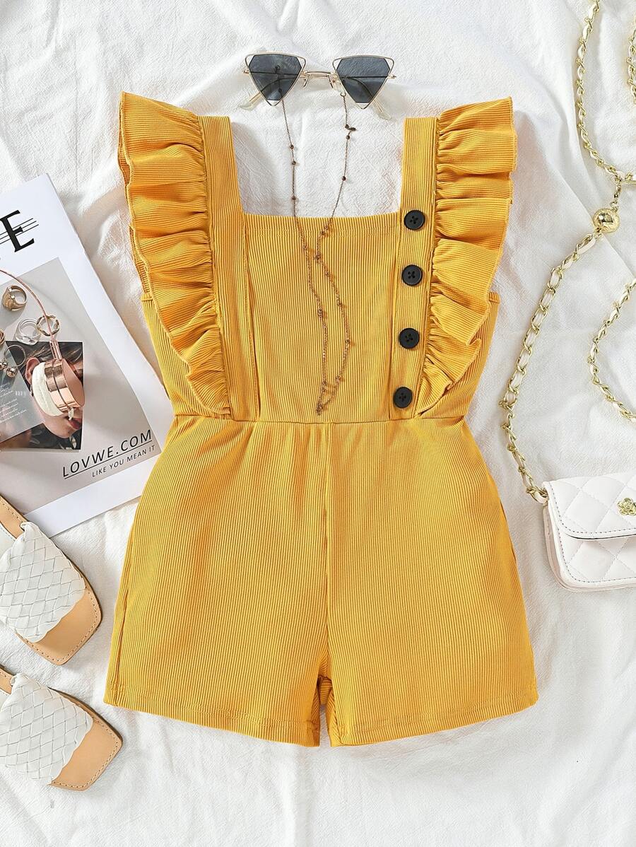 Toddler Girls Ruffle Trim Button Front Romper - Mustard Yellow - View 1