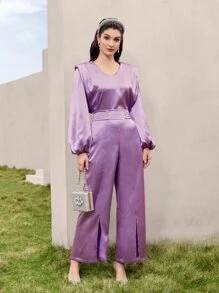 Modelyn Lantern Sleeve Satin Top & Split Hem Trousers Set - Lilac Purple - View 1