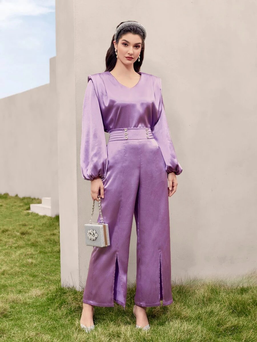 Modelyn Lantern Sleeve Satin Top & Split Hem Trousers Set - Lilac Purple - View 1