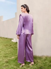 Modelyn Lantern Sleeve Satin Top & Split Hem Trousers Set - Lilac Purple - View 2