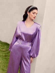 Modelyn Lantern Sleeve Satin Top & Split Hem Trousers Set - Lilac Purple - View 4