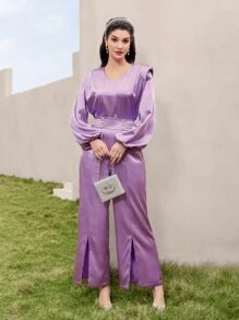 Modelyn Lantern Sleeve Satin Top & Split Hem Trousers Set - Lilac Purple - View 5