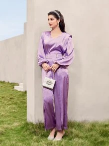 Modelyn Lantern Sleeve Satin Top & Split Hem Trousers Set - Lilac Purple - View 6