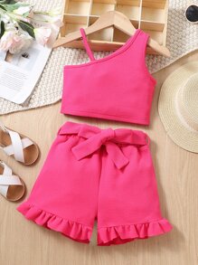 Toddler Girls Asymmetrical Neck Top & Ruffle Hem Belted Shorts - Pink - View 1