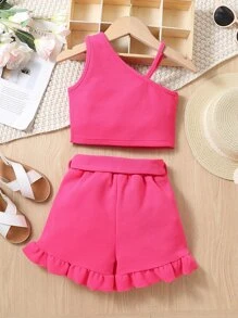 Toddler Girls Asymmetrical Neck Top & Ruffle Hem Belted Shorts - Pink - View 2