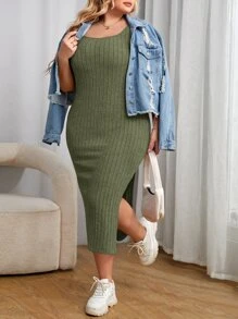 SHEIN Essnce 大碼高衩背心連衣裙 - 軍綠色 - 查看 1