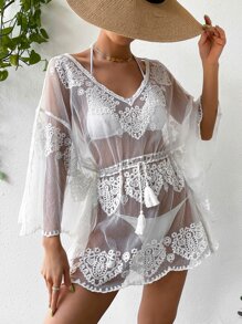 Cover up de malla con bordado sin bikini - Blanco - Ver 3