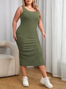 SHEIN Essnce 大碼高衩背心連衣裙 - 軍綠色 - 查看 6