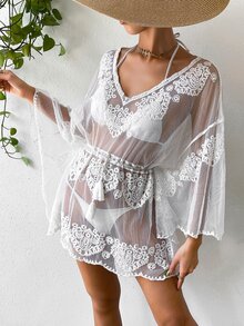 Cover up de malla con bordado sin bikini - Blanco - Ver 4