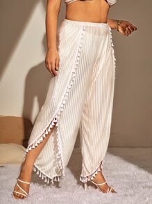 Plus Striped Tassel Trim Split Hem Cover Up Pants - Beige - View 1
