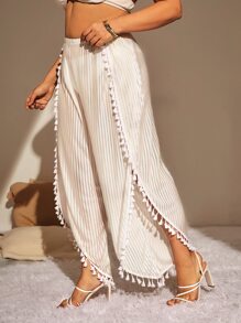 Plus Striped Tassel Trim Split Hem Cover Up Pants - Beige - View 3