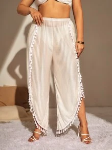 Plus Striped Tassel Trim Split Hem Cover Up Pants - Beige - View 5