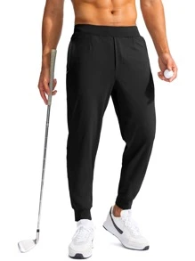 G Gradual Men Drawstring Waist Solid Slant Pocket Sport Pants - Black - View 1