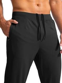 G Gradual Men Drawstring Waist Solid Slant Pocket Sport Pants - Black - View 4