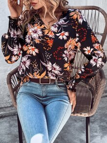 SHEIN LUNE Allover Floral Print Shirred Cuff Blouse - Multicolor - View 1