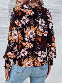 SHEIN LUNE Allover Floral Print Shirred Cuff Blouse - Multicolor - View 2