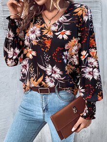 SHEIN LUNE Allover Floral Print Shirred Cuff Blouse - Multicolor - View 5