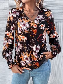 SHEIN LUNE Allover Floral Print Shirred Cuff Blouse - Multicolor - View 6