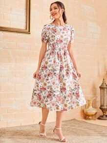 SHEIN Unity Vestido con estampado floral de manga farol bajo amplio