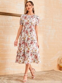 SHEIN Unity Vestido con estampado floral de manga farol bajo amplio