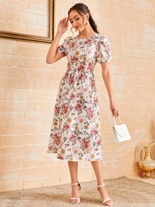 SHEIN Unity Vestido con estampado floral de manga farol bajo amplio
