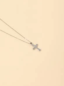 水鑽十字架吊飾項鍊 - 銀色 - 查看 2