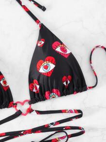Heart And Eyes Print Halter Triangle Summer Beach Bikini Set - Multicolor - View 3