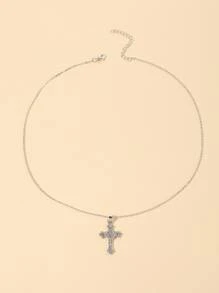 水鑽十字架吊飾項鍊 - 銀色 - 查看 3
