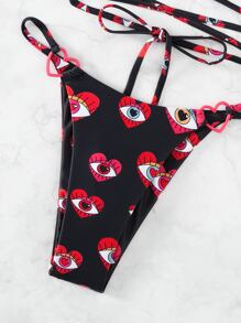 Heart And Eyes Print Halter Triangle Summer Beach Bikini Set - Multicolor - View 4