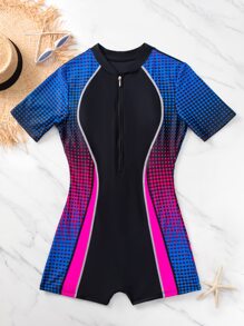 Random Geo Print Half Zip One Piece Swimsuit - Multicolor - View 3
