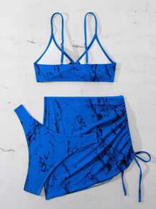 SHEIN Swim Summer Beach 3packs Marble Print Ring Linked Drawstring Bikini Set - Blue - View 7