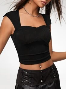 SHEIN ICON Sweetheart Neck Ruched Side Crop Tee - Black - View 6