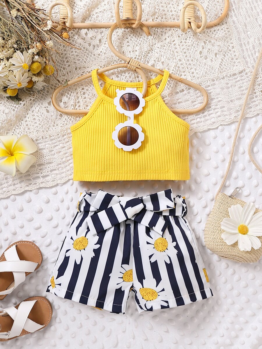 Áo dây có dây buộc bé gái & quần đùi túi giấy in hoa và sọc - Nhiều màu - Xem 1