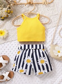 Áo dây có dây buộc bé gái & quần đùi túi giấy in hoa và sọc - Nhiều màu - Xem 2