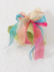 1頂彩色編織蝴蝶結飄帶裝飾男女童,甜美可愛綠色波浪草帽,適合戶外日常度假穿著