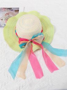 1頂彩色編織蝴蝶結飄帶裝飾男女童,甜美可愛綠色波浪草帽,適合戶外日常度假穿著