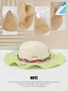 1頂彩色編織蝴蝶結飄帶裝飾男女童,甜美可愛綠色波浪草帽,適合戶外日常度假穿著