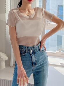 DAZY 萵苣邊網眼上衣,無百搭背心設計 - 米色 - 查看 6