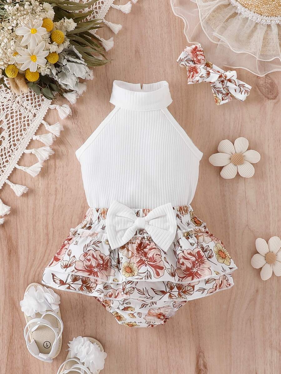 Baby Rib-knit Halter Top & Floral Print Bow Front Shorts & Headband - Multicolor - View 1