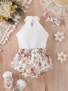 Baby Rib-knit Halter Top & Floral Print Bow Front Shorts & Headband - Multicolor - View 2