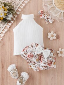 Baby Rib-knit Halter Top & Floral Print Bow Front Shorts & Headband - Multicolor - View 3